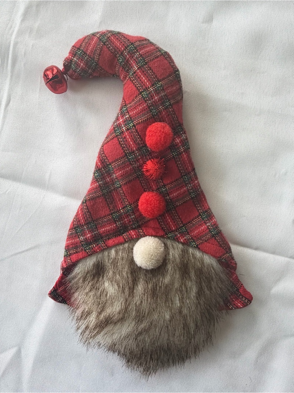 Red gray holiday gnome wine bottle‎ hat with faux fur beard